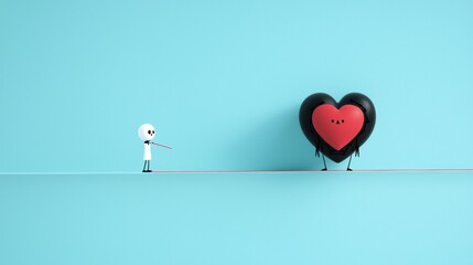 A cartoon brain and heart engaged in a tug of war, with a conflicted expression on the face of a person, representing the internal struggle between logic and emotion.