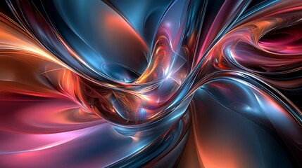 Abstract swirling metallic shapes in blue, orange, and red hues.