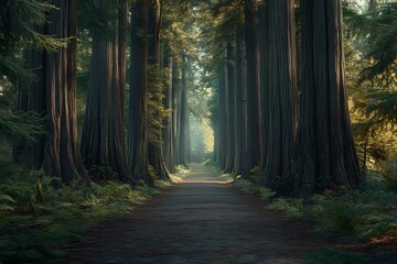 Misty Redwood Forest Path, Sunlight, Nature, Calm