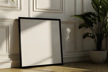 Mockup Blank square frame, sunlit interior, plant