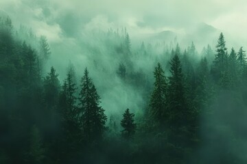 Misty mountain forest landscape, fog rolling, scenic view, nature wallpaper