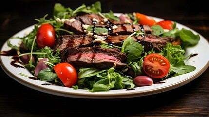 Delicious and Healthy Steak Salad with Mixed Greens Fresh Cherry Tomatoes and a Gourmet Balsamic Glaze Served on a Vibrant and Elegant Plate