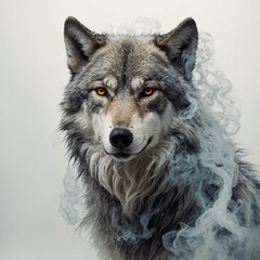 Fototapeta premium A surreal wolf with glowing floA wolf made of smoke, blending into a white background.wers growing from its fur on white.