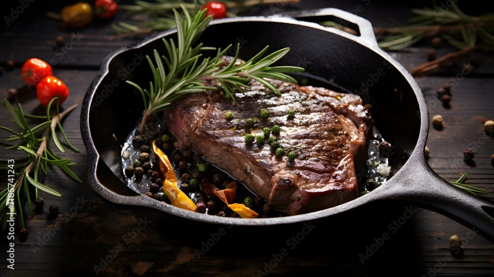 Poster perfectly cooked steak sizzling in a cast iron skillet surrounded by a vibrant array of fresh herbs 