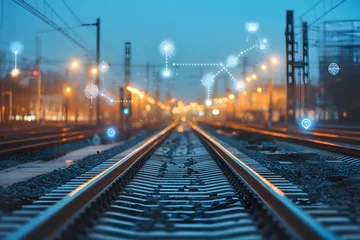 Selbstklebende Fototapeten Smart Railway Network Night Train Tracks, City Lights, Data © alinea