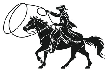 black color line art Vector silhouette illustration of Cowboy with lasso ride horse vector on a white background D.eps
