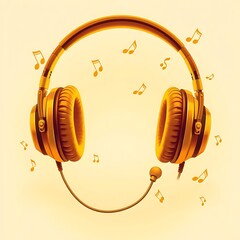Golden headphones with mic and music notes.