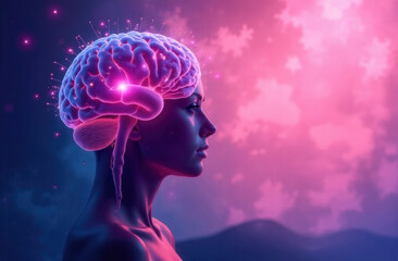 A radiant brain with delicate feminine features, surrounded by soft pink and blue tones and neural connections. The concept of women's thoughts with copy space.