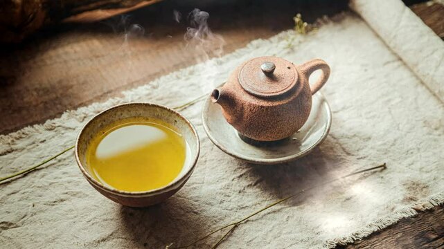 Drinking tea, white ceramic cup and tea pot with black tea and lemon slice.