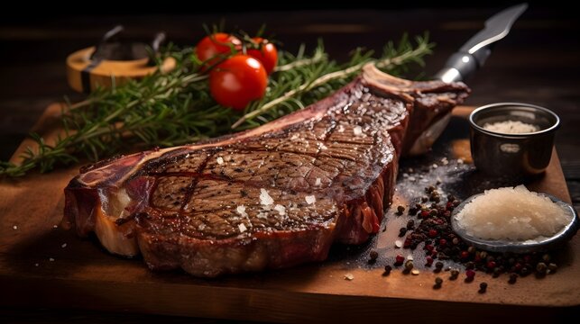 Juicy Tender Tomahawk Steak Fresh Off the Grill Resting on a Rustic Wooden Board and Seasoned with Coarse Salt and Pepper for a Savory Flavorful Culinary Delight