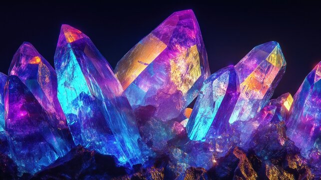 Vibrant, multicolored crystals cluster on dark background.