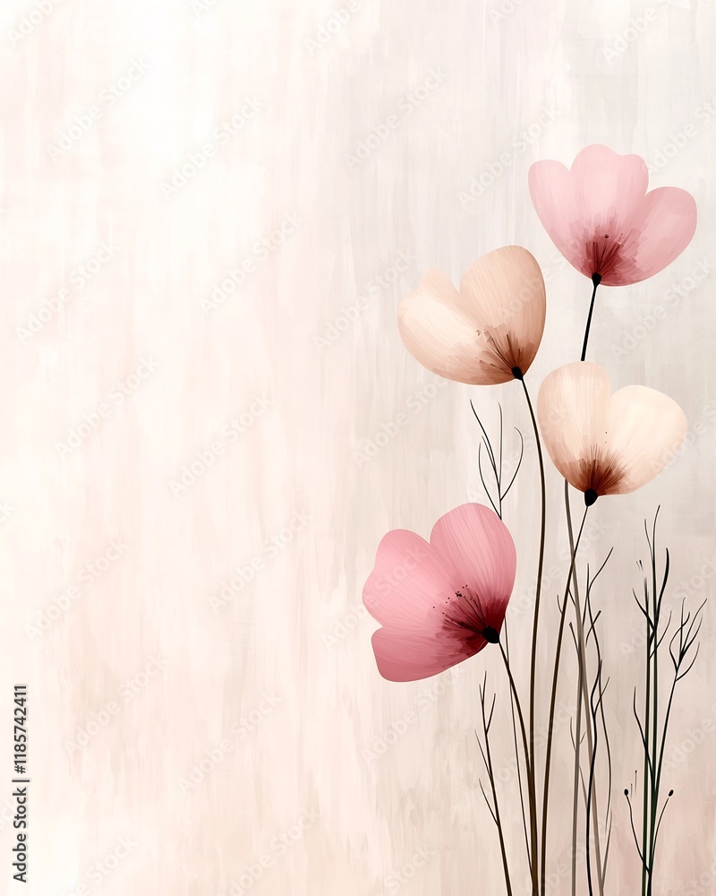 Poster delicate and minimalist floral motif set against a soft pastel gradient background with a textured n