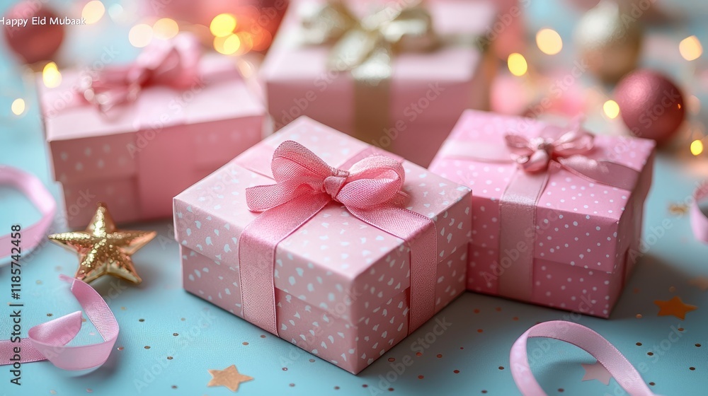 Wall mural Festive Pink Gift Boxes with Gold Stars and Fairy Lights on Blue Background