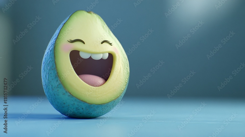Poster a cheerful animated avocado character with a big smile.