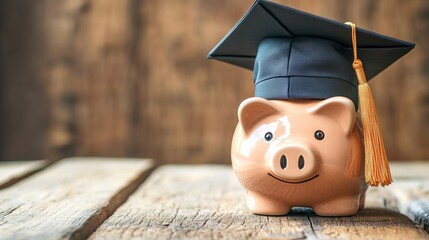 piggy bank With Graduation Cap on old wood,Money saving concept.