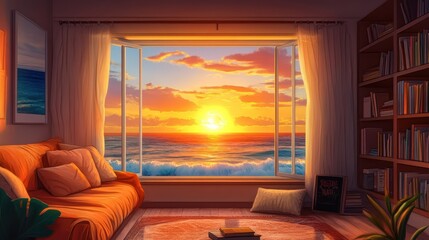 Coastal Sunrise View from Living Room, Sunset, Bookshelf, Cozy Interior