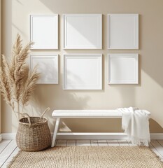 Minimalist entryway with six blank frames, bench, pampas grass, and jute rug.