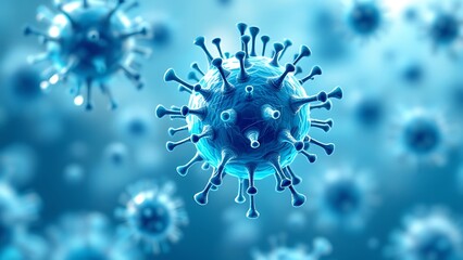 Microscopic enlargement of blue virus - respitory virus outbreak - floating cells in body - virus shaped as covid, influenza, sars, corona, hiv, mers, cholera, variola, measles - disease organisms