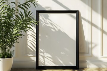 Blank frame mockup, sunlit interior, plant, wall (1)