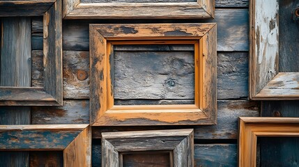 Weathered Wooden Frames Adorn Rustic Wooden Wall