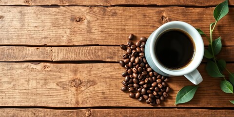 Freshly ground coffee and whole coffee beans arranged on a rustic wooden table, perfect for a morning meal with ample copy space for text or design, design, text