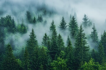 Misty mountain evergreen forest, aerial view, nature background, travel poster