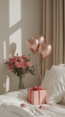 Elegant bedroom scene featuring a bouquet of pink roses, heart-shaped balloons, and a gift box on a cozy bed