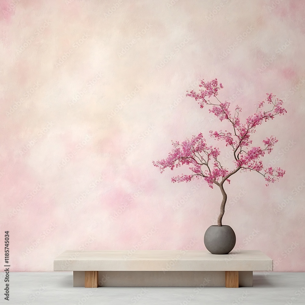 Poster serene and sophisticated pastel hued blossom tree displayed in a minimalist contemporary setting fea