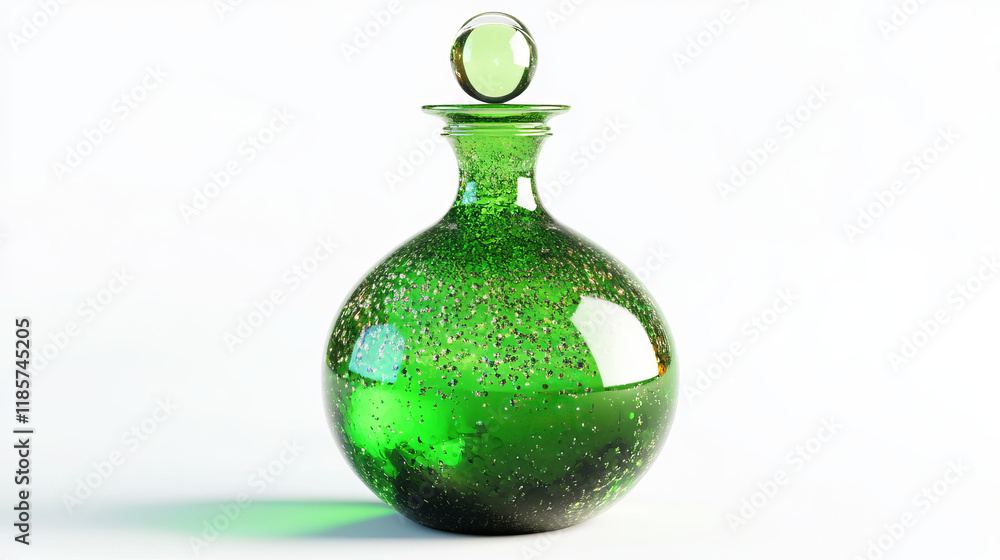 Poster potion bottle vector icon, green magic elixir in glass flask with vortex, air bubbles inside and sem