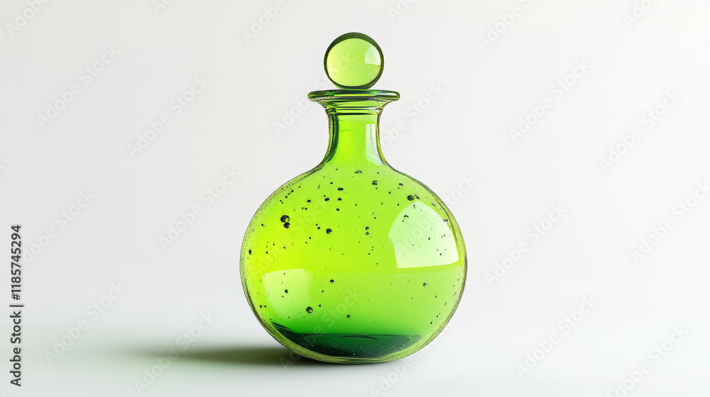 Poster potion bottle vector icon, green magic elixir in glass flask with vortex, air bubbles inside and sem