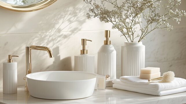 A bathroom sink with a gold faucet and a white basin