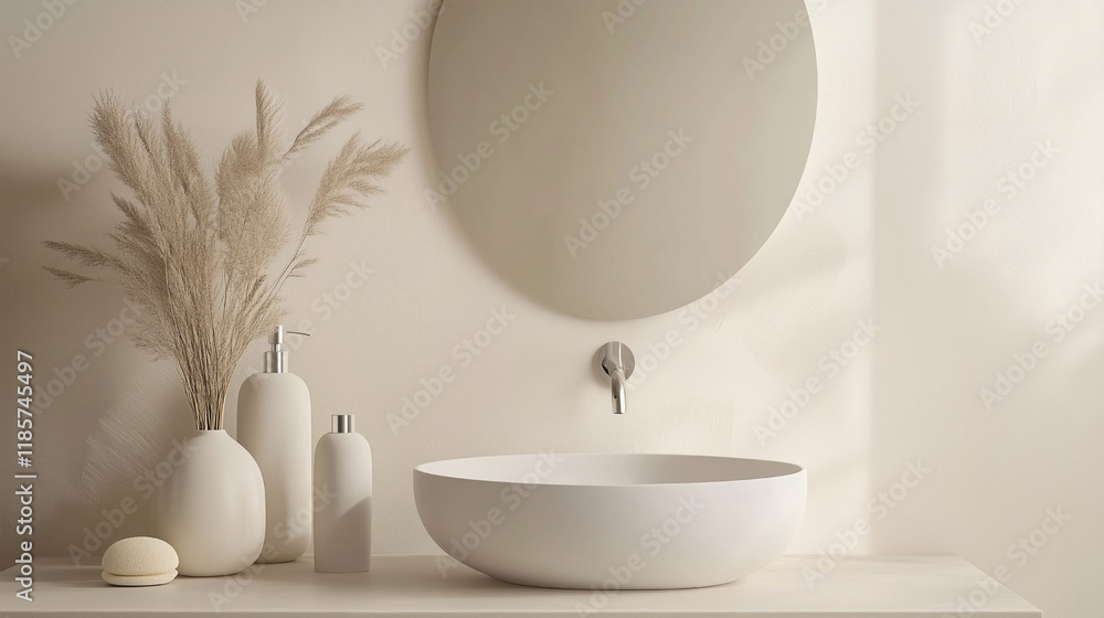 Poster a white sink with a mirror above it