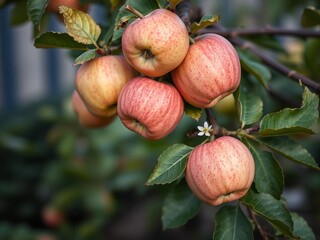 Fresh red apples hanging on a branch with green leaves, ready to be picked, ripe, juicy