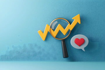 A magnifying glass highlights a rising graph with a heart icon, symbolizing growth and engagement in business or social media.