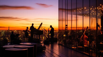 A modern rooftop jazz concert at sunset, featuring a small band playing with a cityscape in the background.