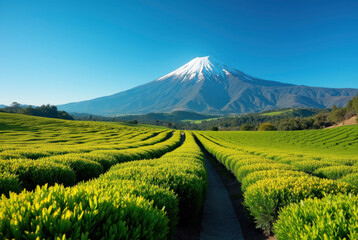 Fototapeta premium Green tea plantation with Mount in background