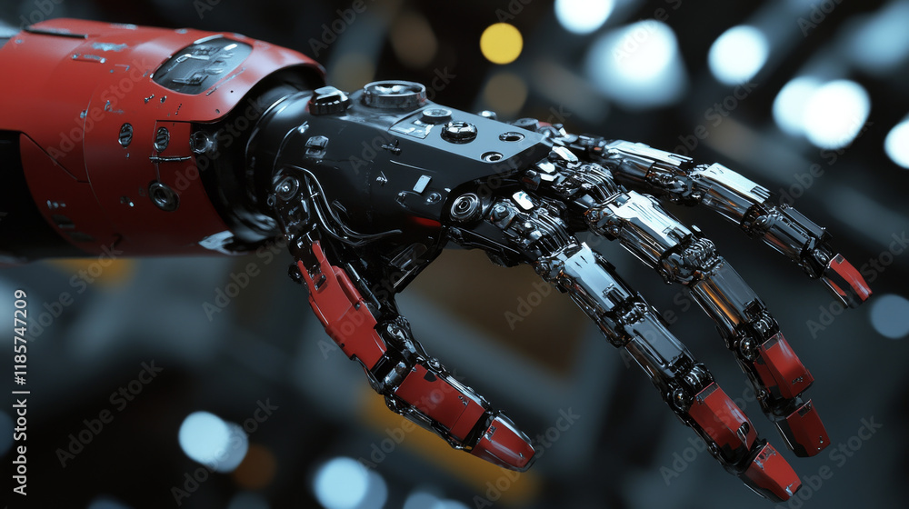 Poster robot hands or arms. future artificial technology, cyborg mechanical hand with metallic fingers grip