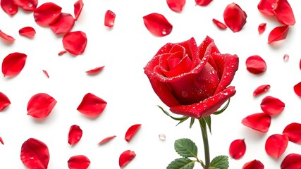 Fototapeta premium Fresh close-up of a vibrant red rose with dew drops isolated on a white background, ready for design elements and graphic applications, stock photo, red