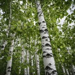 Fototapeta premium A white birch tree with bright green leaves.
