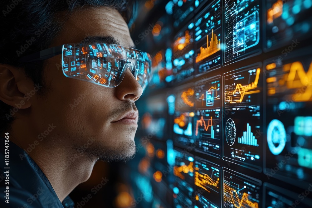 Aufkleber focused man interacting with futuristic digital interface analyzing complex data streams and visuali