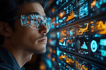 Focused Man Interacting with Futuristic Digital Interface Analyzing Complex Data Streams and Visualizations