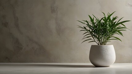 Vibrant green potted plant on minimalistic table &  textured wall. natural design elements & tranquil vibes, simple aesthetic indoor spaces. empty space