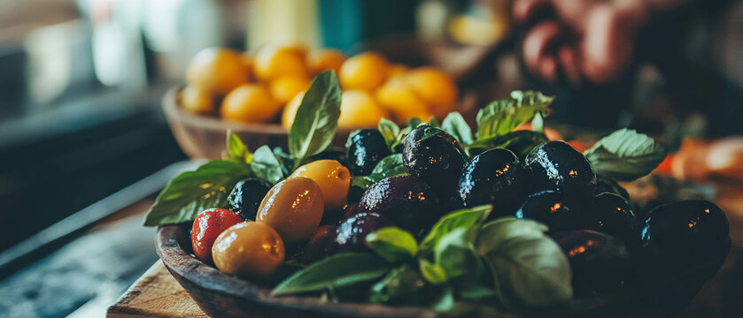 Delicious assortment of Mediterranean olives and herbs on a vibrant appetizer platter