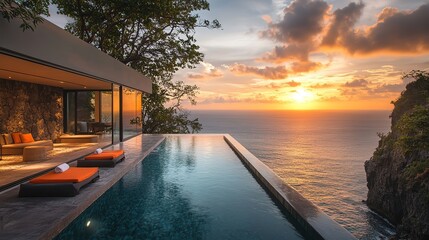 Perched on edge of a rugged cliff, modern villa boasts an infinite pool that stretches out towards horizon, offering a breathtaking panoramic view of sparkling ocean and golden hues of sunset, hd imag