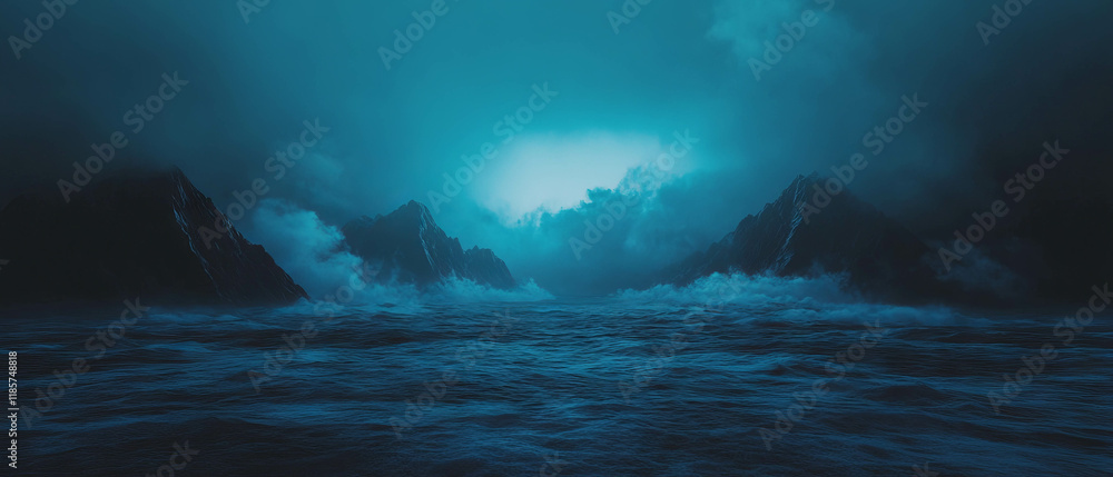 Poster dynamic dark ocean waves crashing against cliffs under a powerful stormy sky