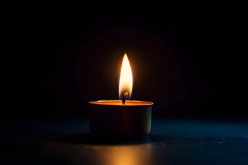 Single candle burning dark room, somber mood, remembrance