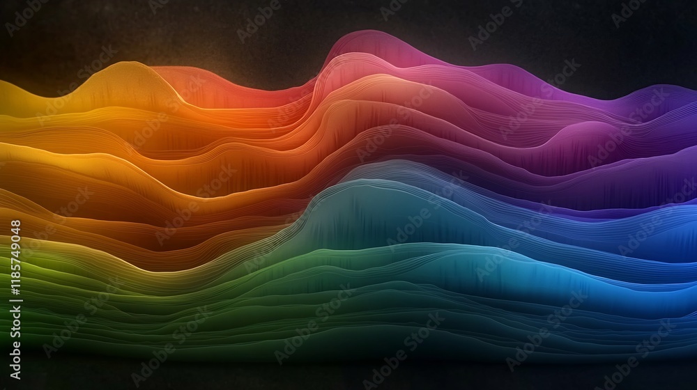 Poster enchanting fluid topographic rainfall pattern data visualization featuring shimmering cascades of vi