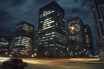 Night city skyline, car trails, blurred background, urban scene