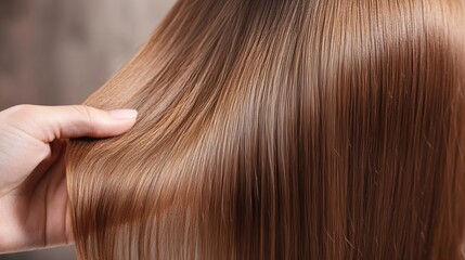 Fototapeta premium Master barber shows healthy texture of client hair after restoration, nutrition and dyeing procedure