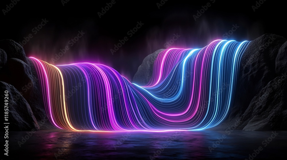 Poster enchanting fluid topographic rainfall pattern data visualization shimmering cascades of vivid color 